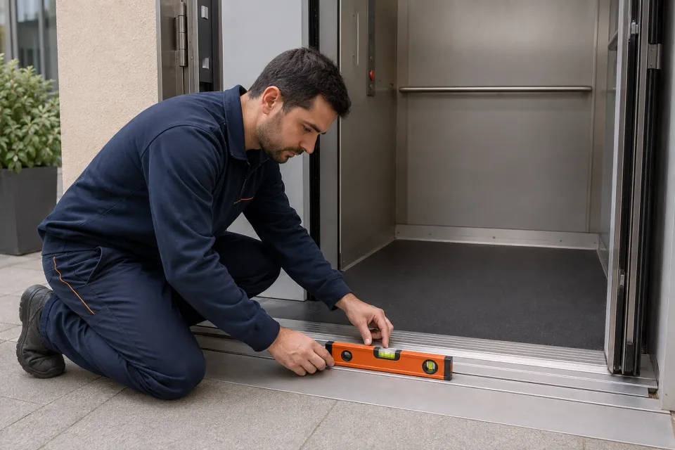 Técnico comprobando con un nivel el acceso de una plataforma elevadora para personas
