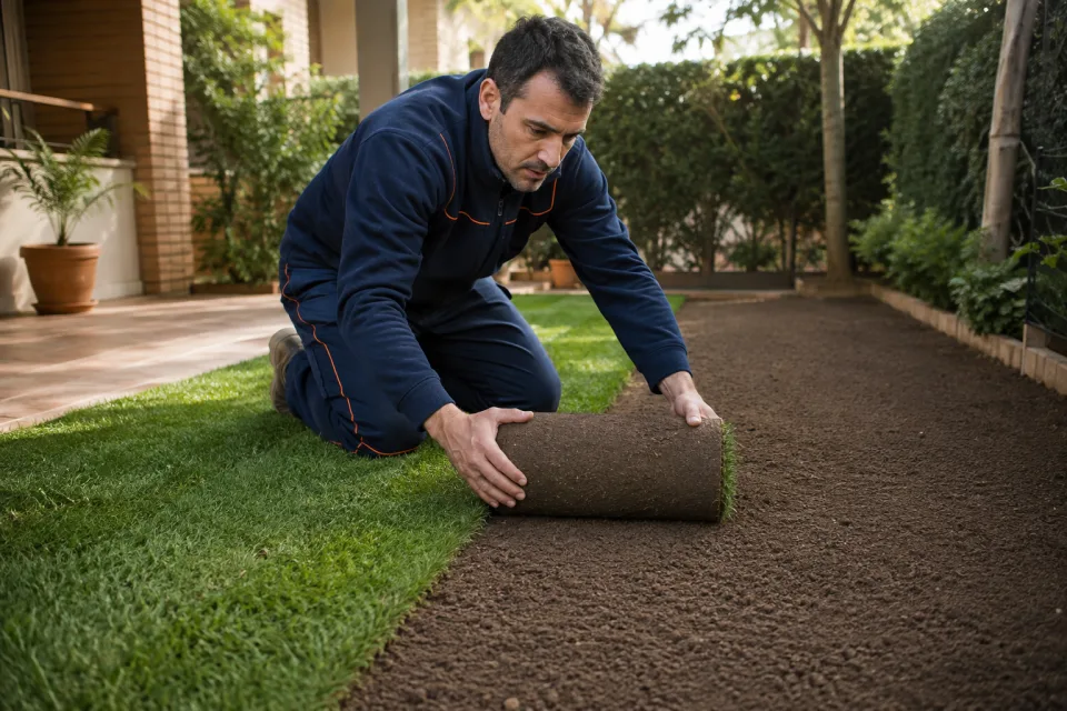 Jardinero desenrollando césped natural sobre terreno preparado