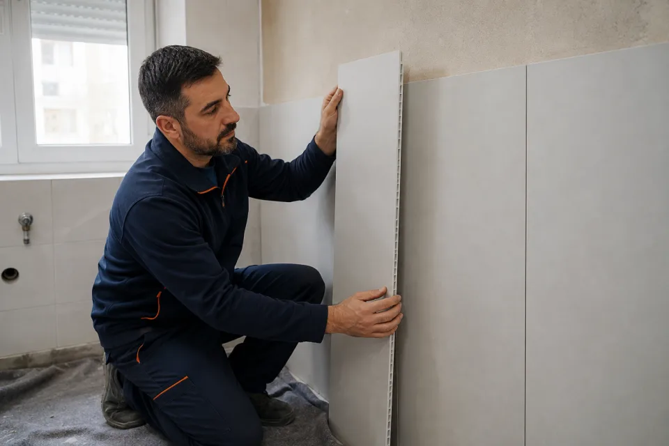 Instalador ajustando un panel de PVC junto a otros paneles ya alineados