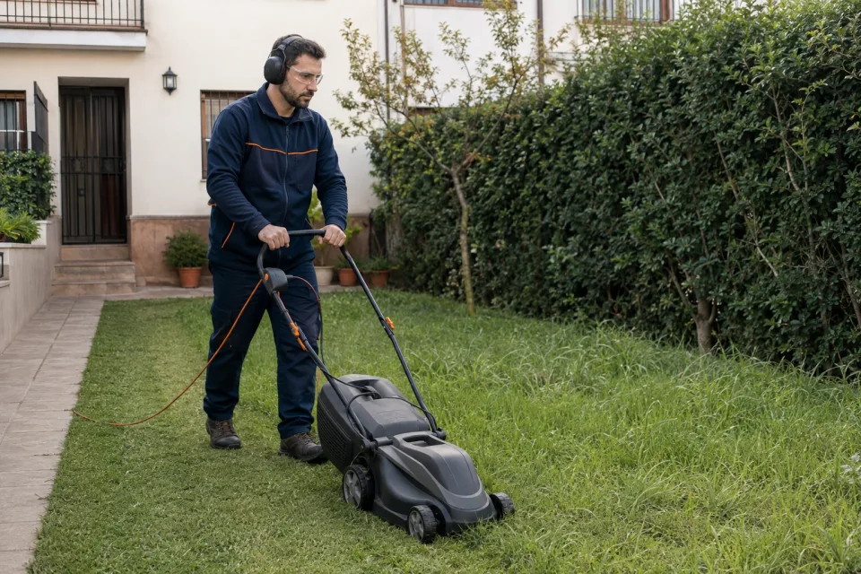 Jardinero cortando un césped residencial con un cortacésped compacto