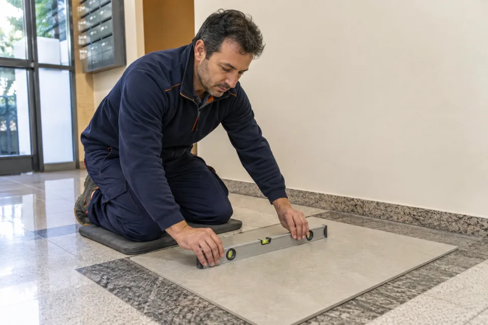 Técnico comprobando el nivel de una muestra de pavimento en un portal