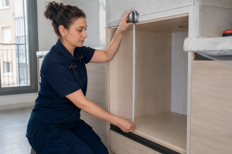 Instaladora midiendo el hueco de un mueble antes de colocar un horno