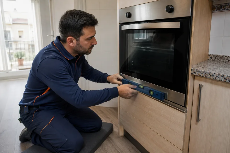 Técnico comprobando con un nivel la alineación de un horno encastrado