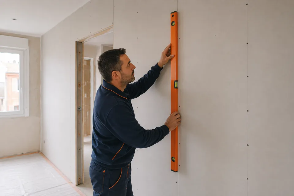 Técnico comprobando con nivel la verticalidad de un tabique de Pladur