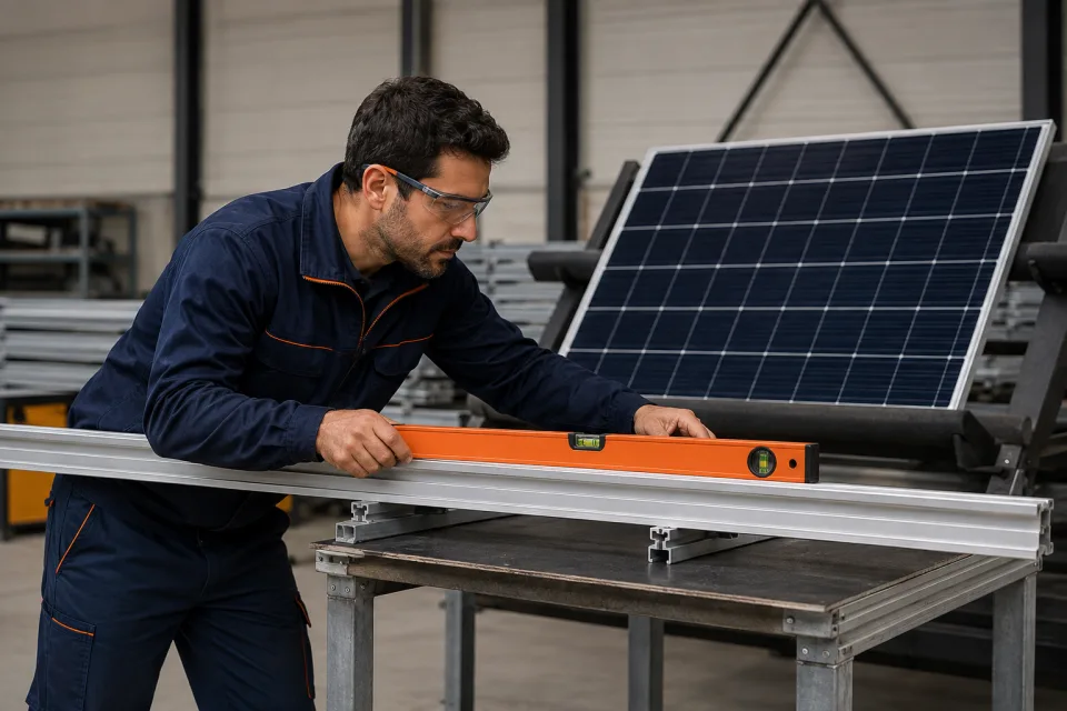 Técnico comprobando la alineación de un carril para módulos fotovoltaicos industriales