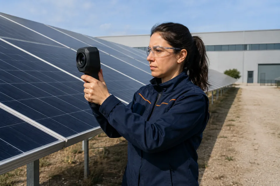 Técnica revisando módulos de una instalación fotovoltaica industrial con cámara térmica