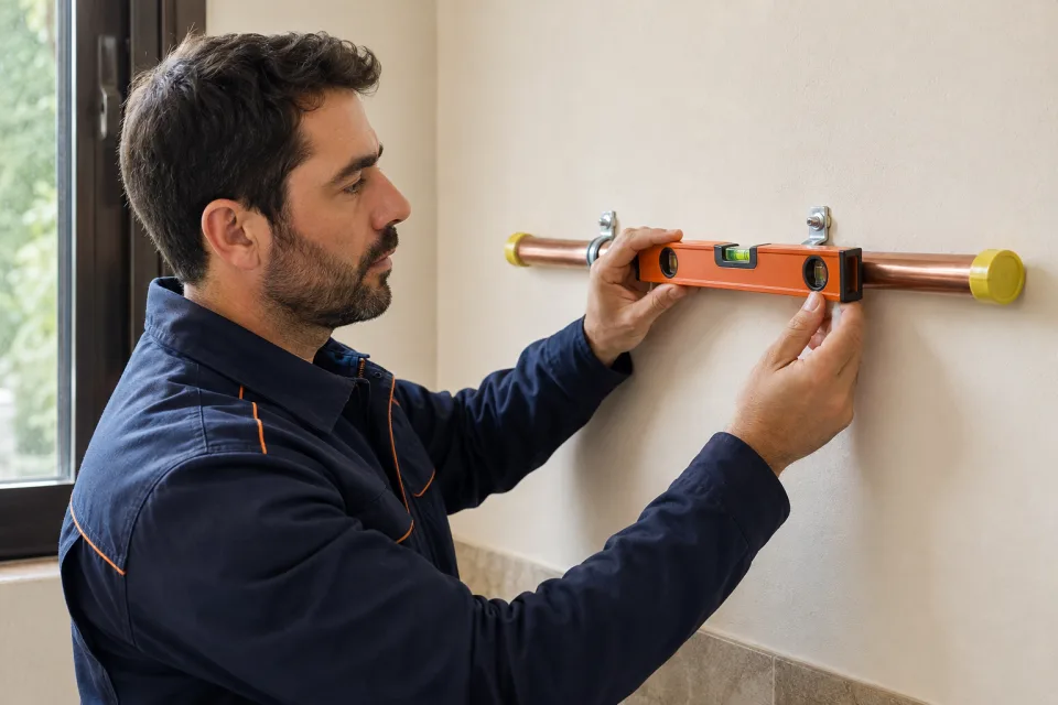 Técnico comprobando con un nivel una tubería de gas aislada y taponada