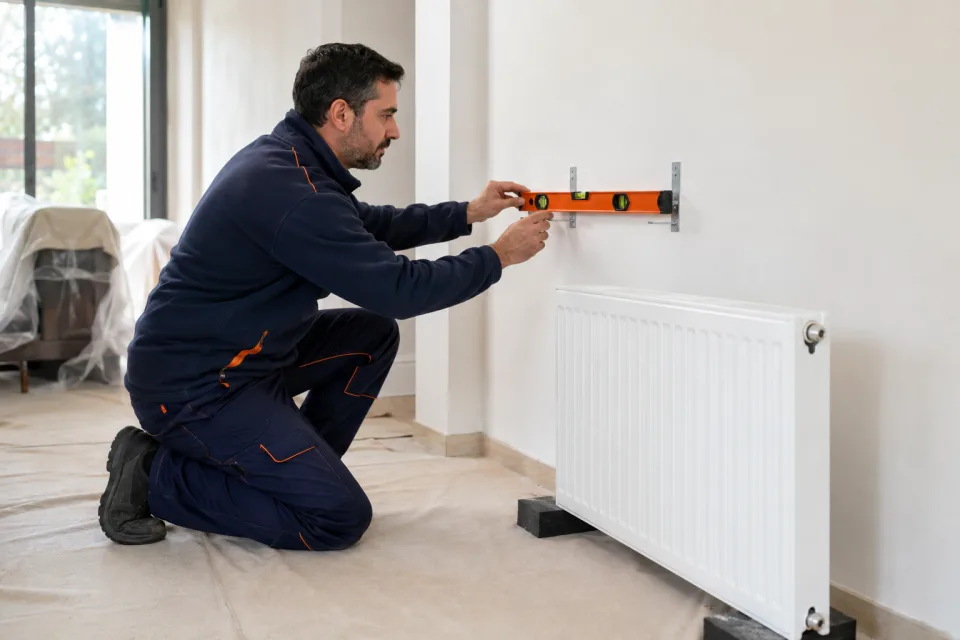 Técnico nivelando los soportes de un radiador para calefacción de gas natural
