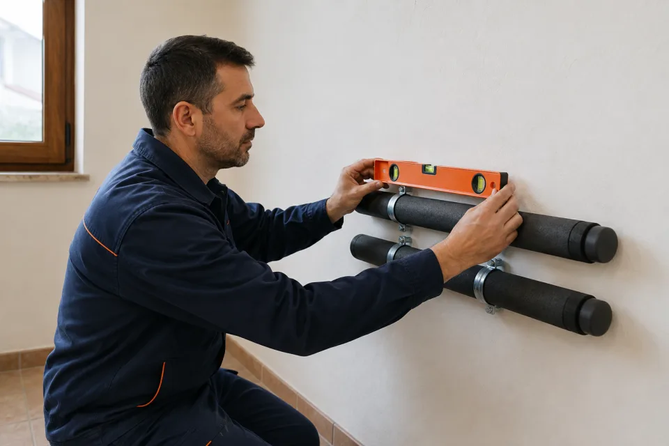 Técnico comprobando los soportes de dos tuberías aisladas para una bomba de calor