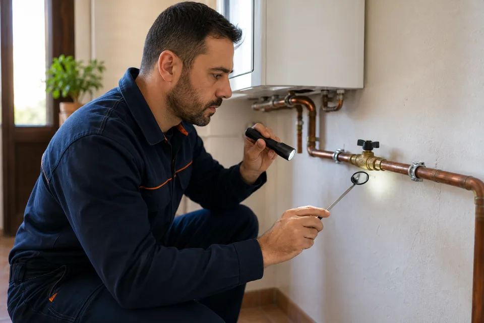 Técnico revisando con espejo y linterna una unión accesible de gas