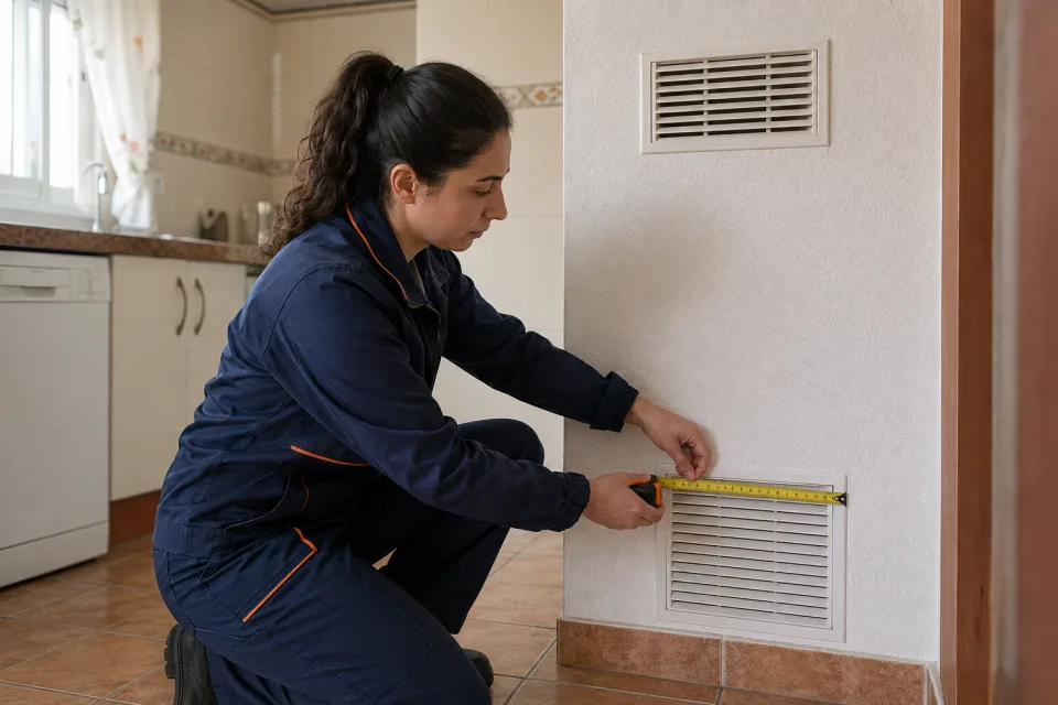 Técnica midiendo una rejilla de ventilación durante la revisión de gas