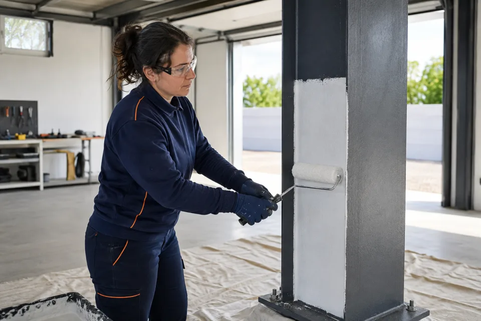Técnica aplicando pintura intumescente blanca sobre un pilar de acero