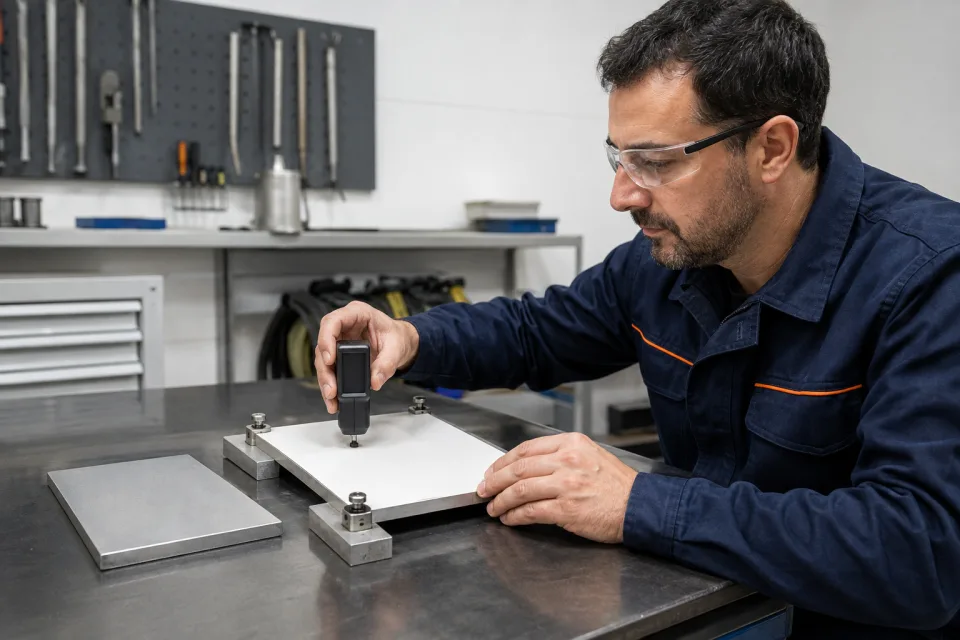 Técnico comprobando el espesor de una muestra de acero con pintura ignífuga