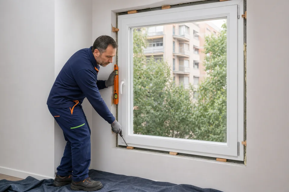 Técnico con uniforme azul marino comprobando con un nivel el ajuste de una ventana de PVC antes del sellado.