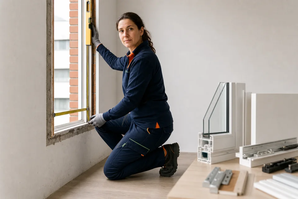 Técnica con uniforme azul marino midiendo el hueco de una ventana junto a muestras de perfil de PVC y vidrio.